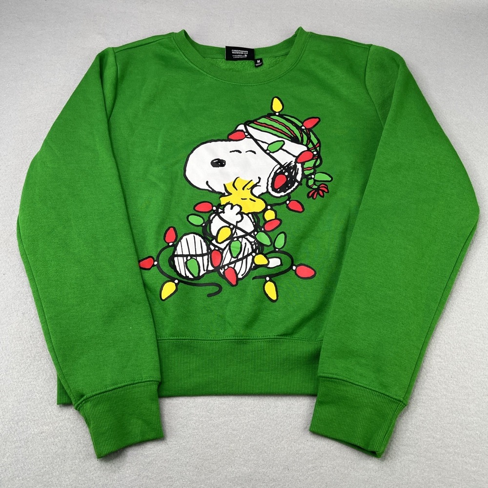 Snoopy Woman's Med Christmas Lights Sweatshirt Green Woodstock Peanuts Pullover